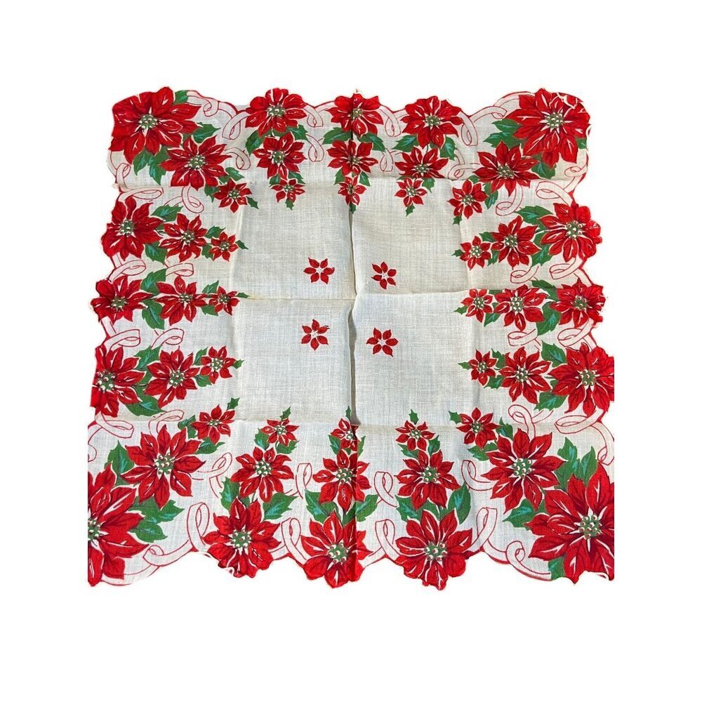 Vintage Christmas Poinsettia Handkerchief Red 12" Festive Holiday Scallop Retro